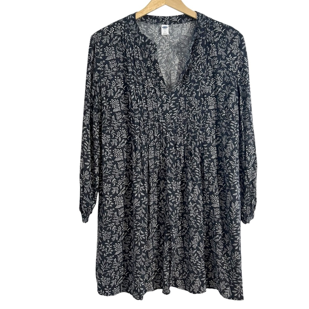 Old Navy Gray White Vine Floral Print Pintuck 3/4” Sleeve Swing Dress Size Large
